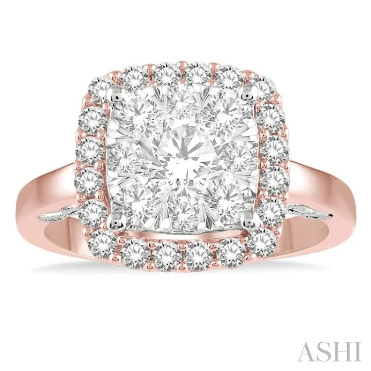 1 1/2 Ctw Cushion Shape Lovebright Round Cut Diamond Cluster Ring in 14K Rose and White Gold