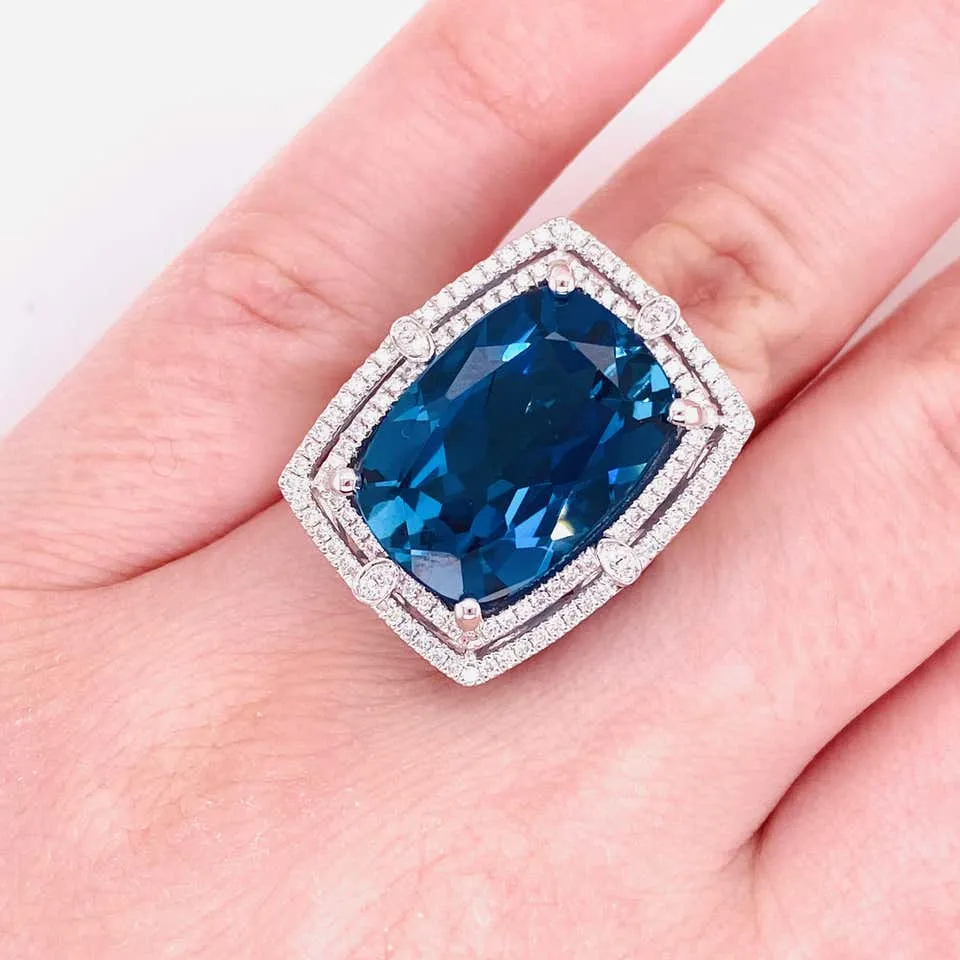 16 Carat London Blue Topaz Double Diamond Halo Ring