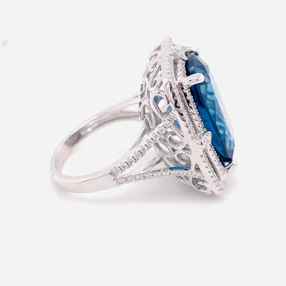 16 Carat London Blue Topaz Double Diamond Halo Ring