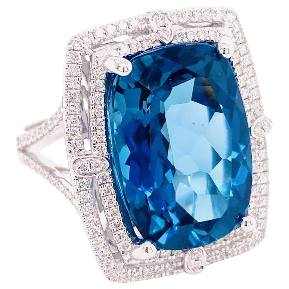 16 Carat London Blue Topaz Double Diamond Halo Ring