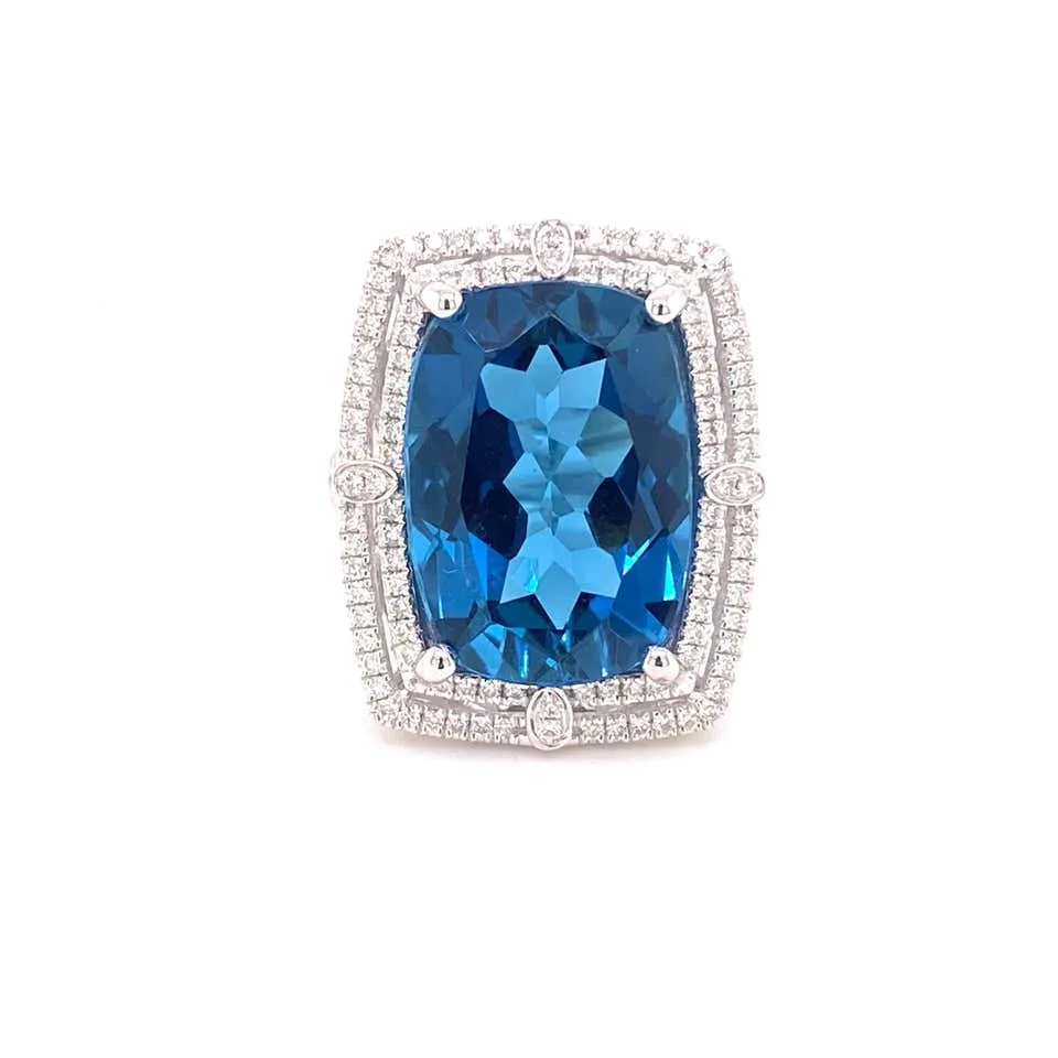 16 Carat London Blue Topaz Double Diamond Halo Ring