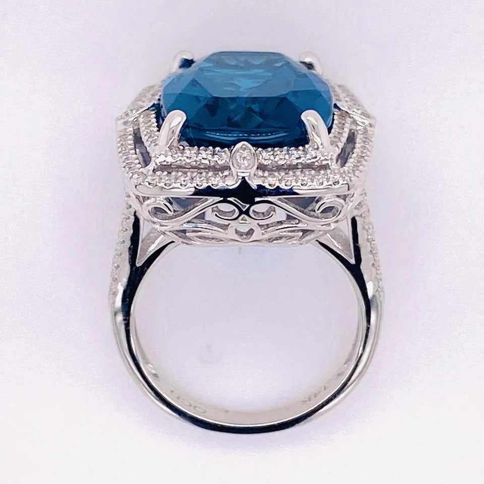 16 Carat London Blue Topaz Double Diamond Halo Ring