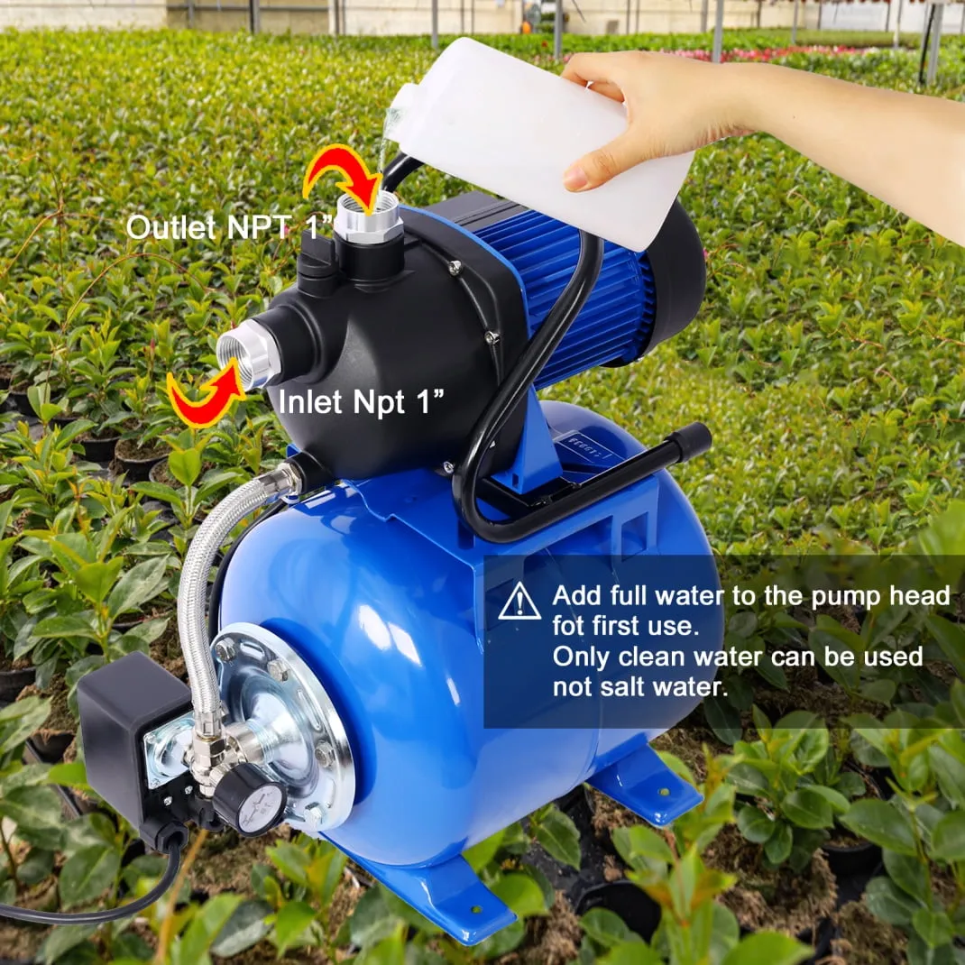 1.6HP Shallow Well Pump with Pressure Tank, Garden Water Pump, Irrigation Pump with Automatic Jet Pump and Stainless Steel Head, Electric Water Pressure Booster Pump for Home Garden (Blue)