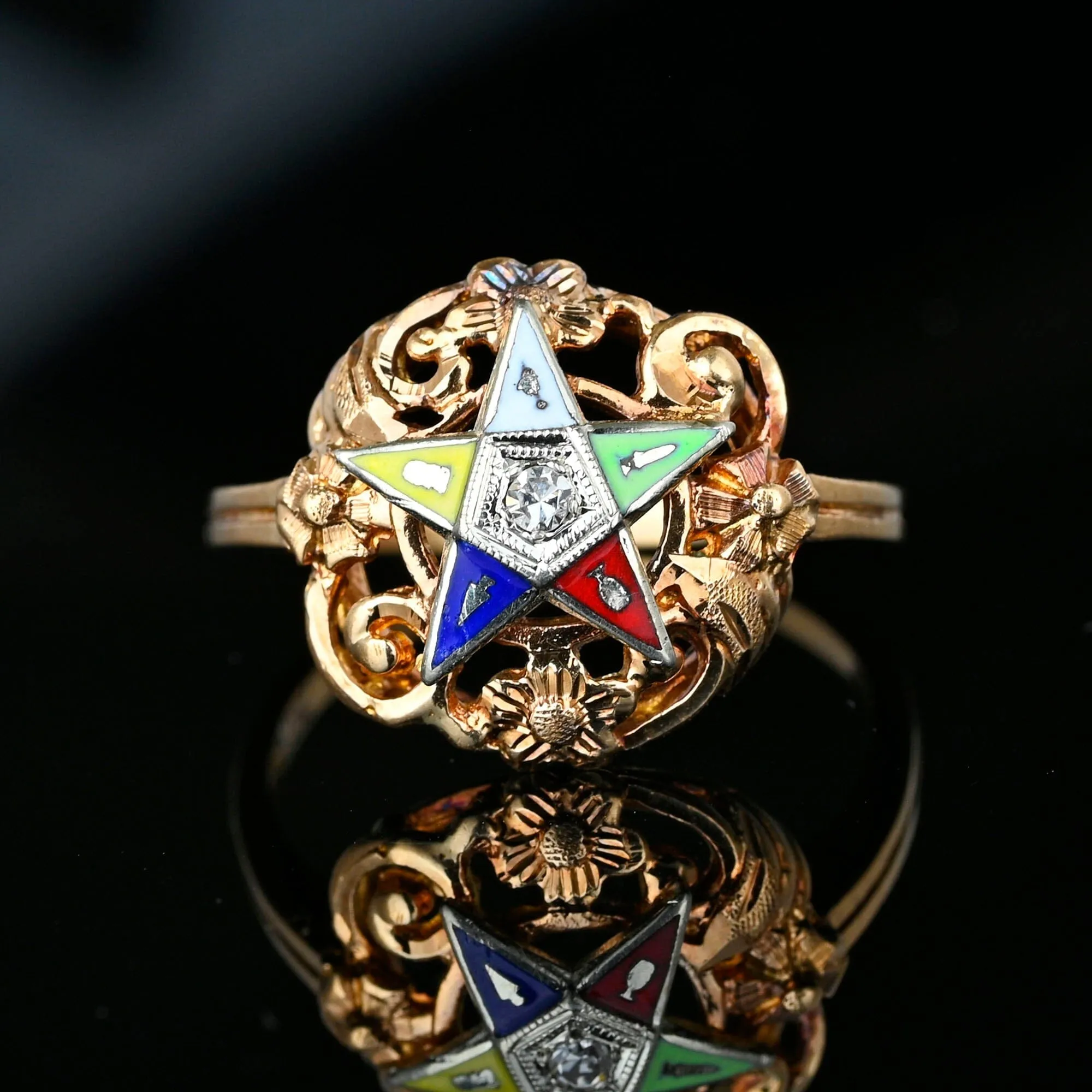 1940s Rose Gold Floral Diamond Enamel Star Masonic Ring