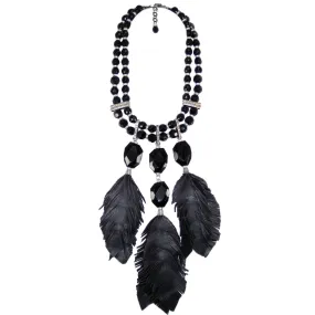 #791n Jet Bead, Rhinestone & Leather "Feather" Bib Necklace