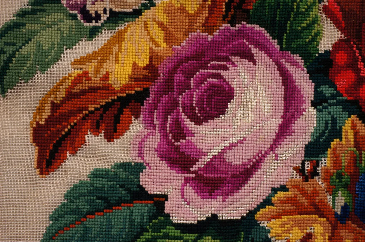 Antique Needlepoint Pillow or Cushion Cover Roses Floral Flower Bouquet