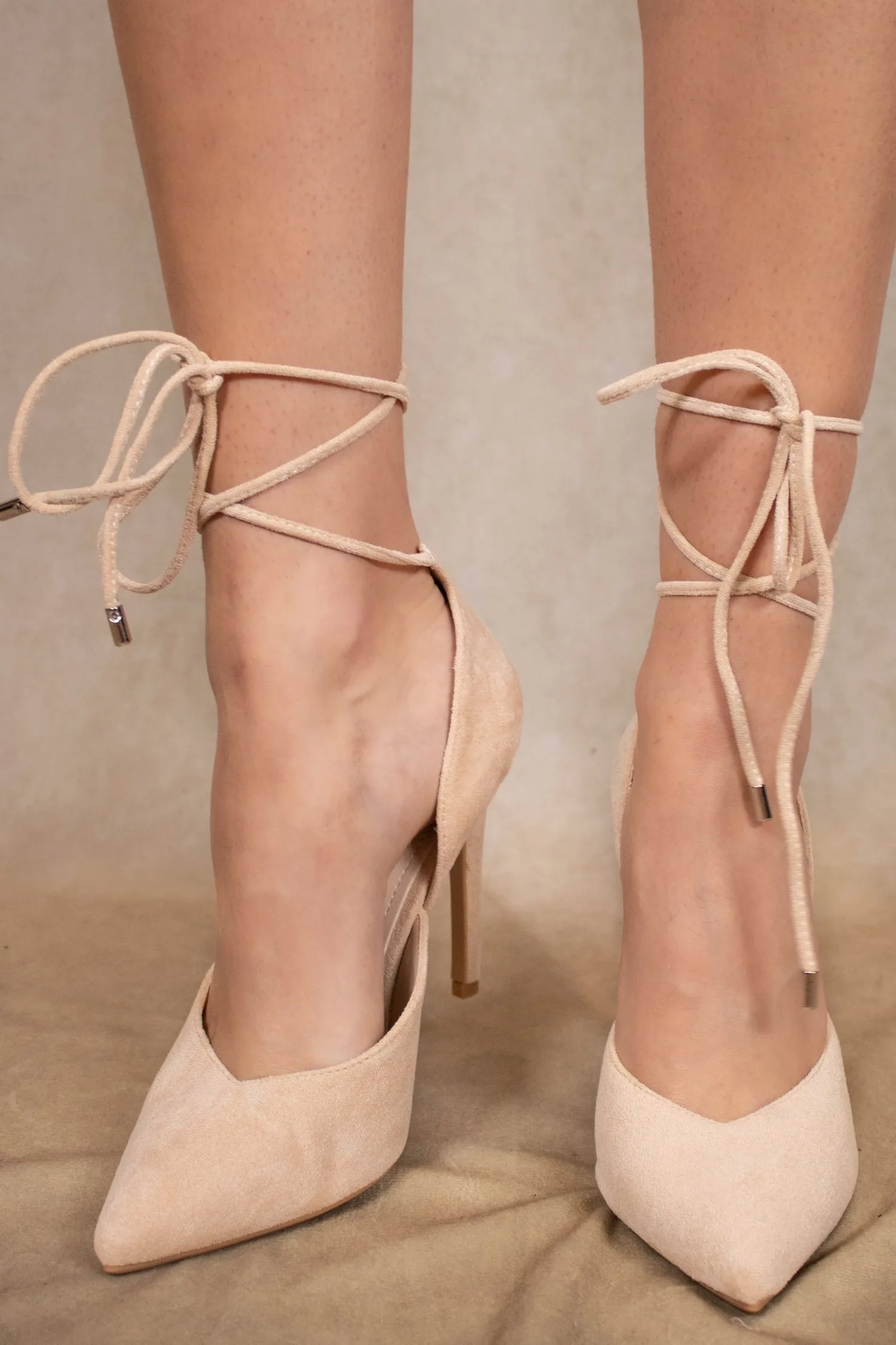 Beige Pointed Tie Up Stiletto Heels