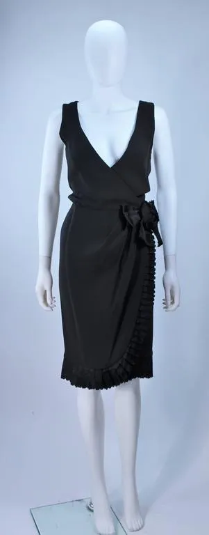 BILL BLASS Black Silk Cocktail Draped Dress with Rose Detail Size 2