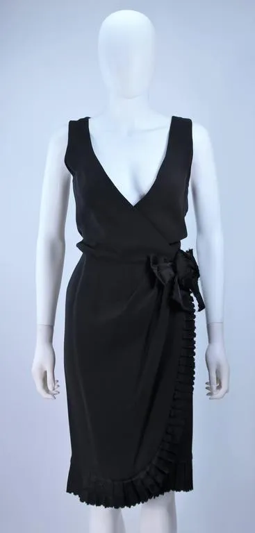 BILL BLASS Black Silk Cocktail Draped Dress with Rose Detail Size 2