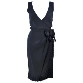 BILL BLASS Black Silk Cocktail Draped Dress with Rose Detail Size 2