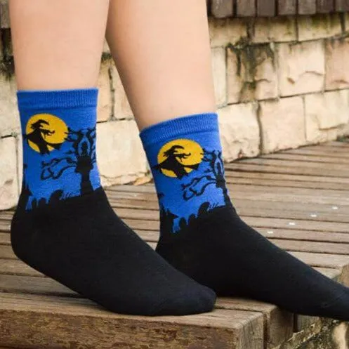 Blue Witch Flying by the Moon Socks