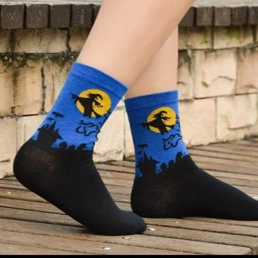 Blue Witch Flying by the Moon Socks