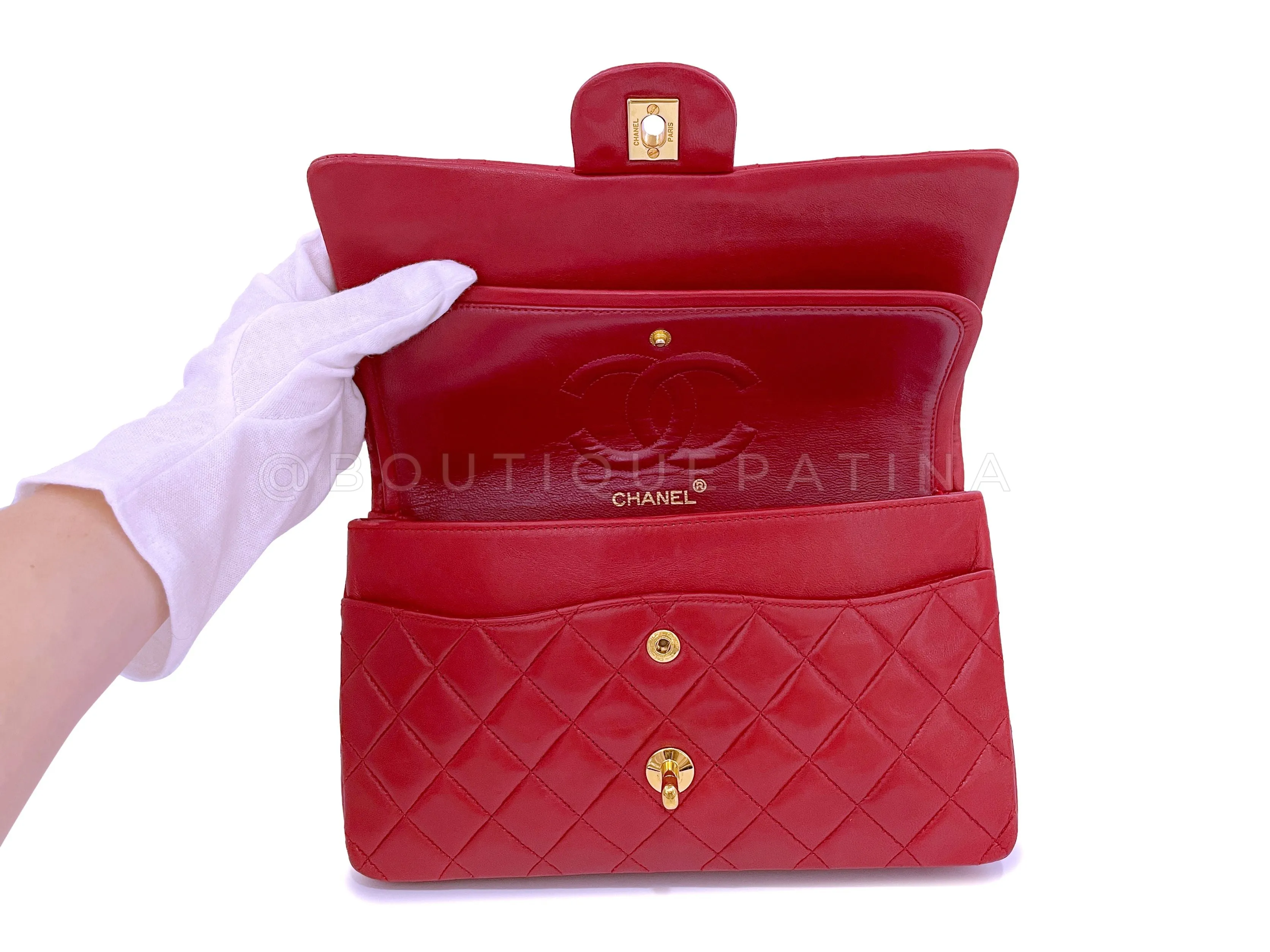 Chanel 1989 Vintage Red Medium Classic Flap Bag 24k GHW Lambskin