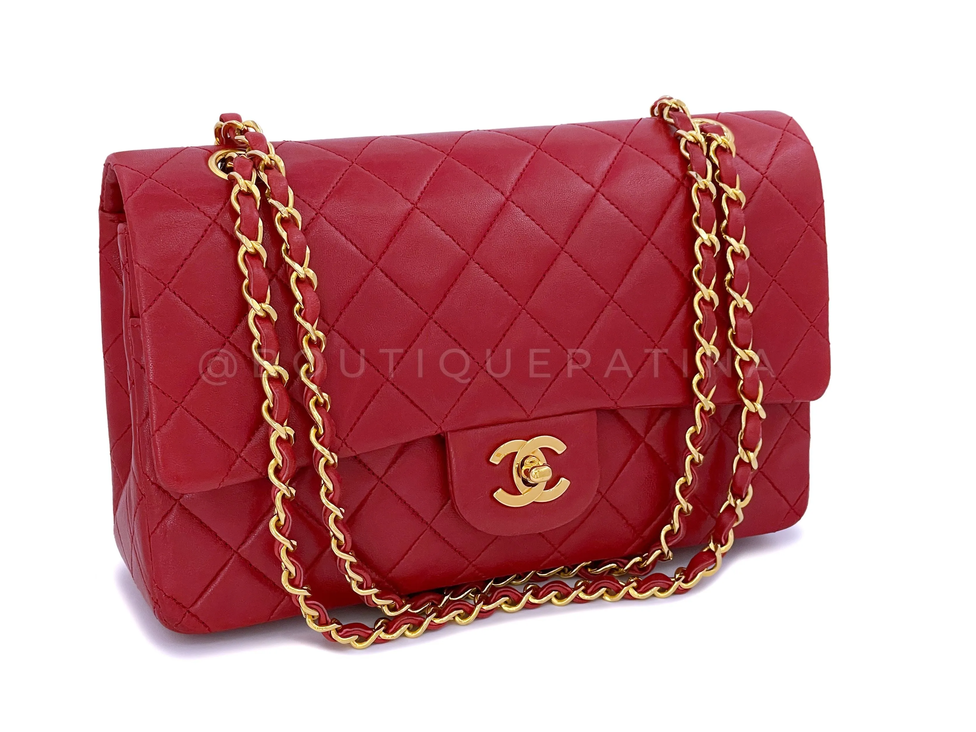 Chanel 1989 Vintage Red Medium Classic Flap Bag 24k GHW Lambskin