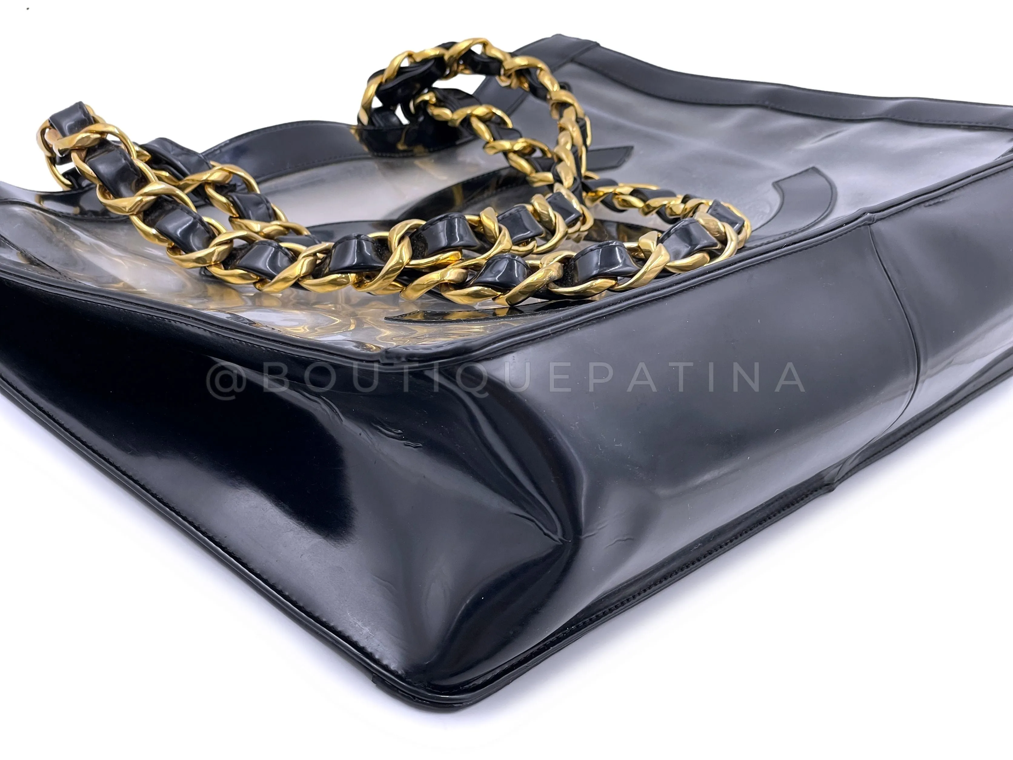 Chanel 1995 Vintage "Barbie" Clear Black Patent PVC Chunky Chain Tote Bag 24k GHW