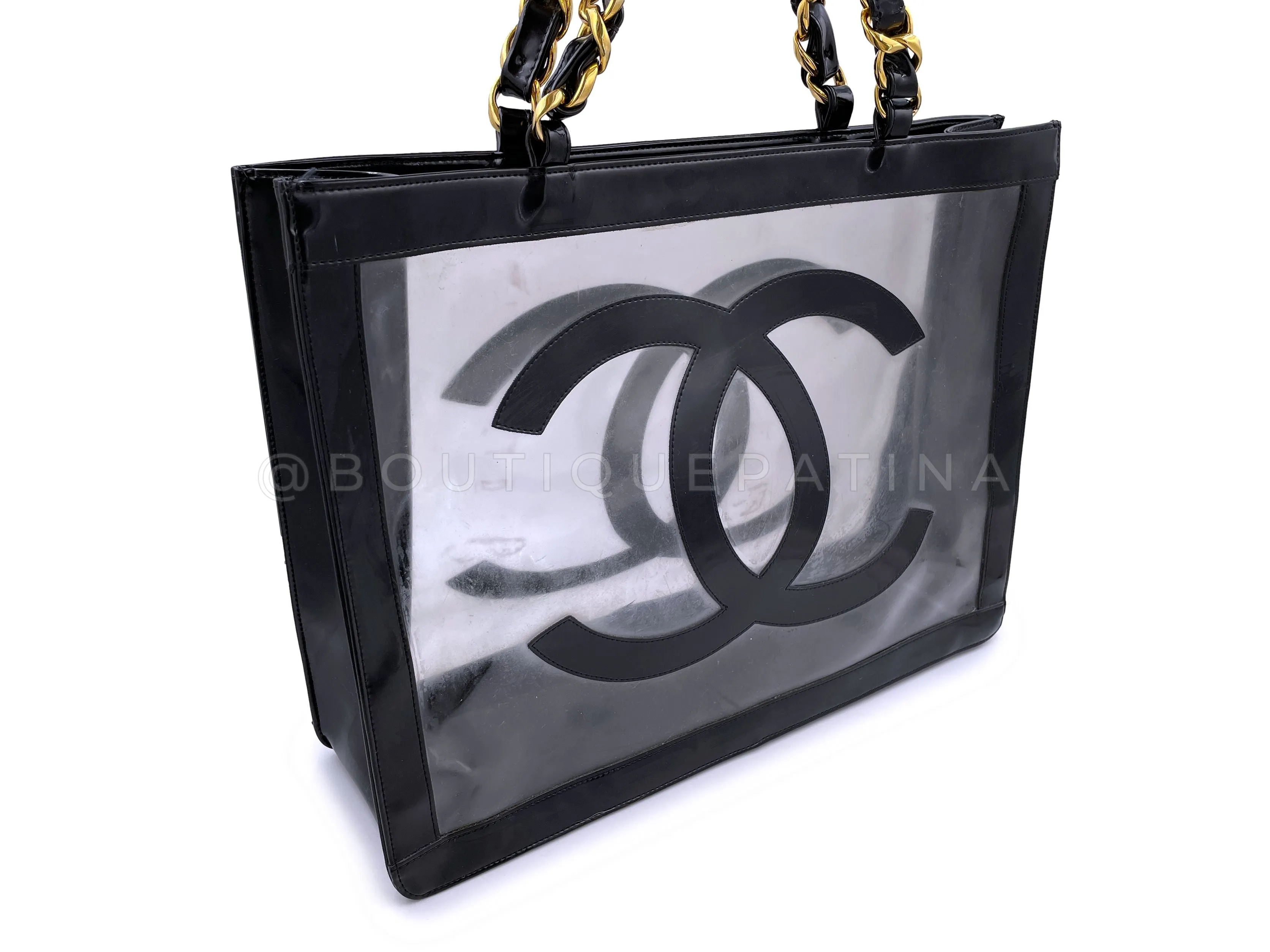 Chanel 1995 Vintage "Barbie" Clear Black Patent PVC Chunky Chain Tote Bag 24k GHW