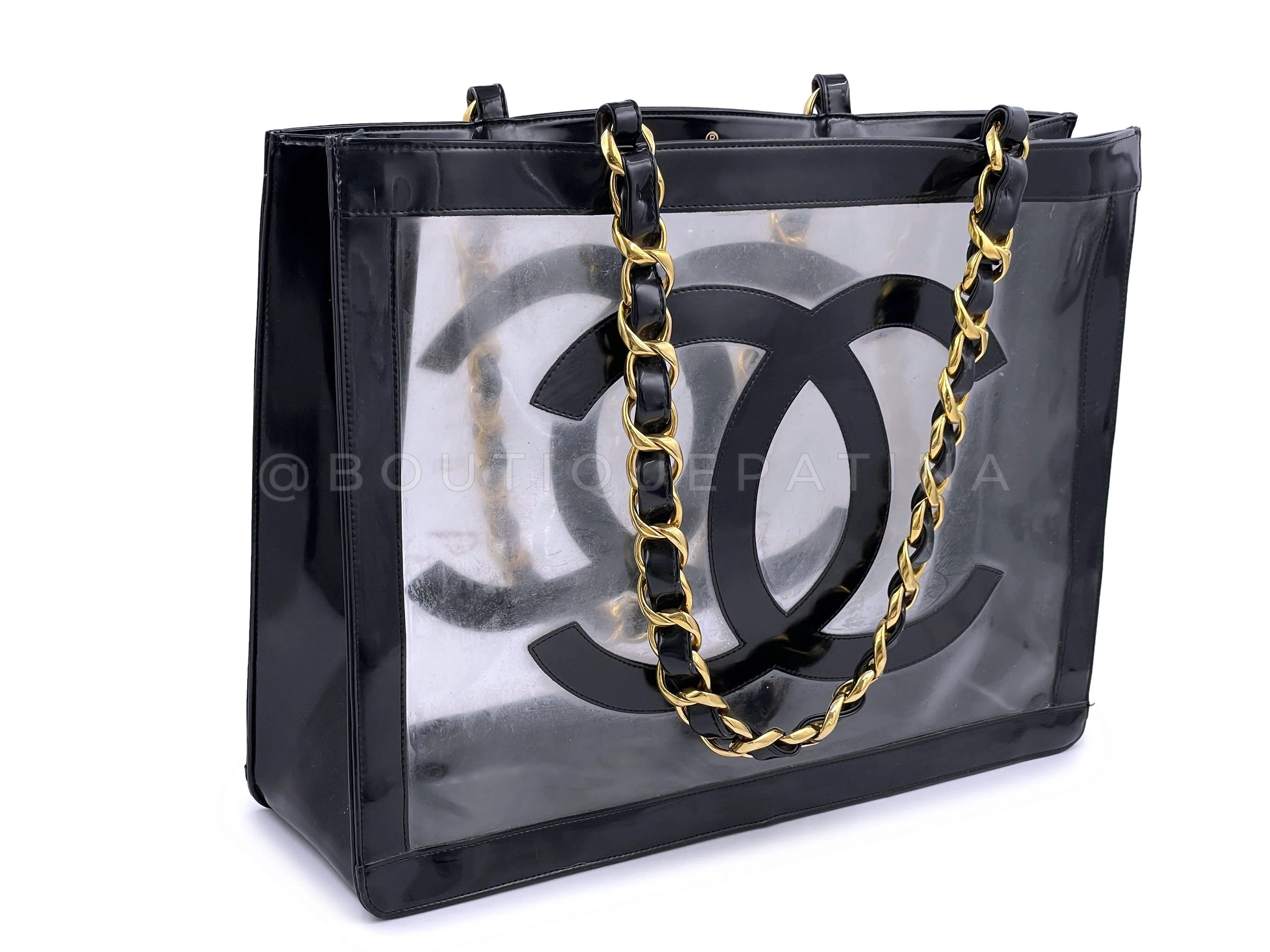 Chanel 1995 Vintage "Barbie" Clear Black Patent PVC Chunky Chain Tote Bag 24k GHW