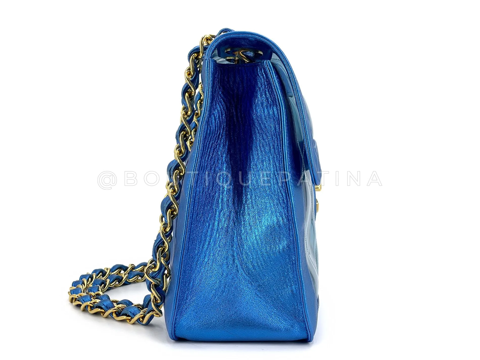 Chanel 95P Vintage "Barbie" Maxi Flap Metallic Blue Bag 24k GHW Classic PCI