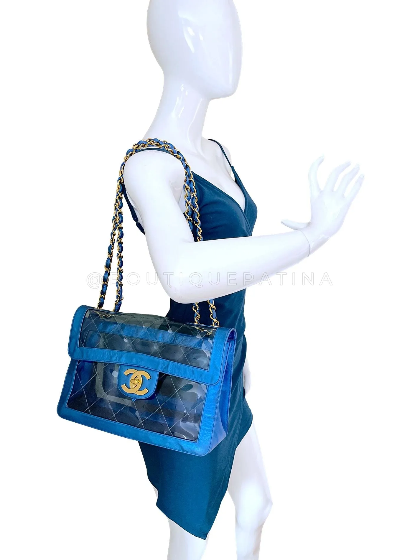 Chanel 95P Vintage "Barbie" Maxi Flap Metallic Blue Bag 24k GHW Classic PCI