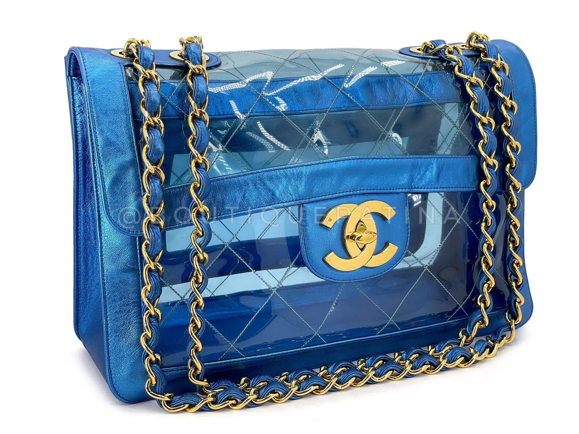 Chanel 95P Vintage "Barbie" Maxi Flap Metallic Blue Bag 24k GHW Classic PCI