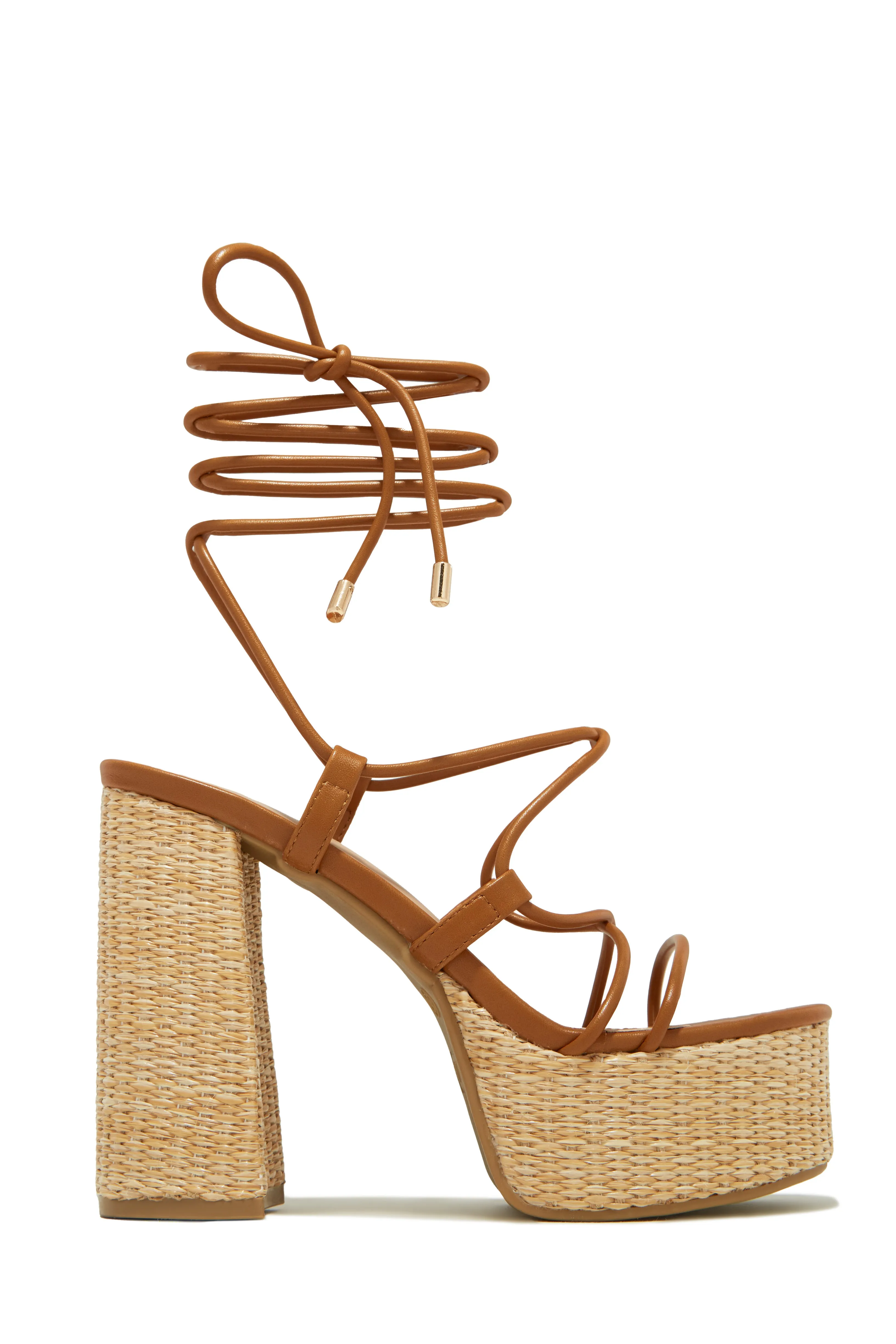 Chantal Lace Up Platform Block Heels - Tan