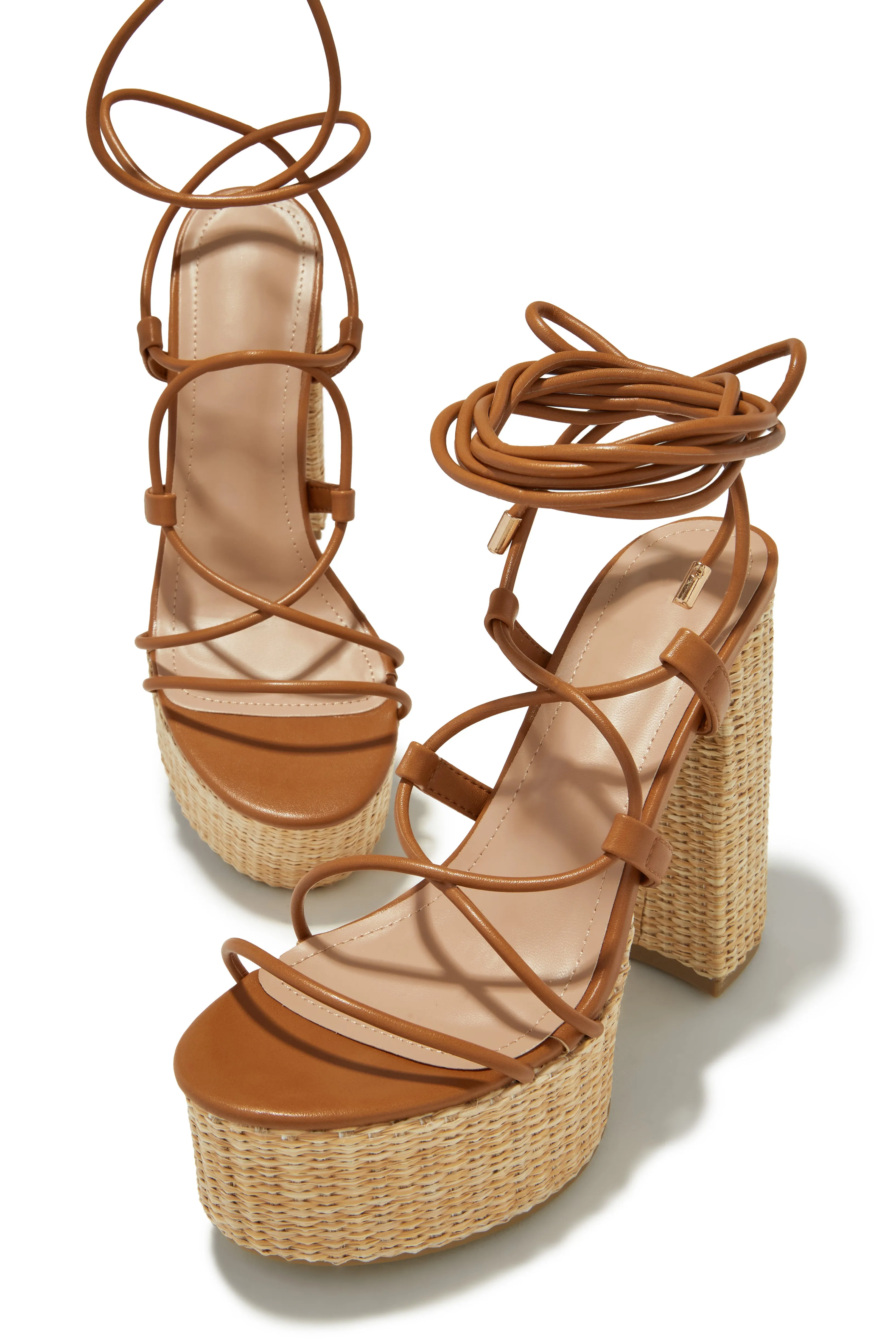 Chantal Lace Up Platform Block Heels - Tan