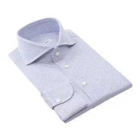 Checked Cotton White and Blue Shirt with Shark Collar