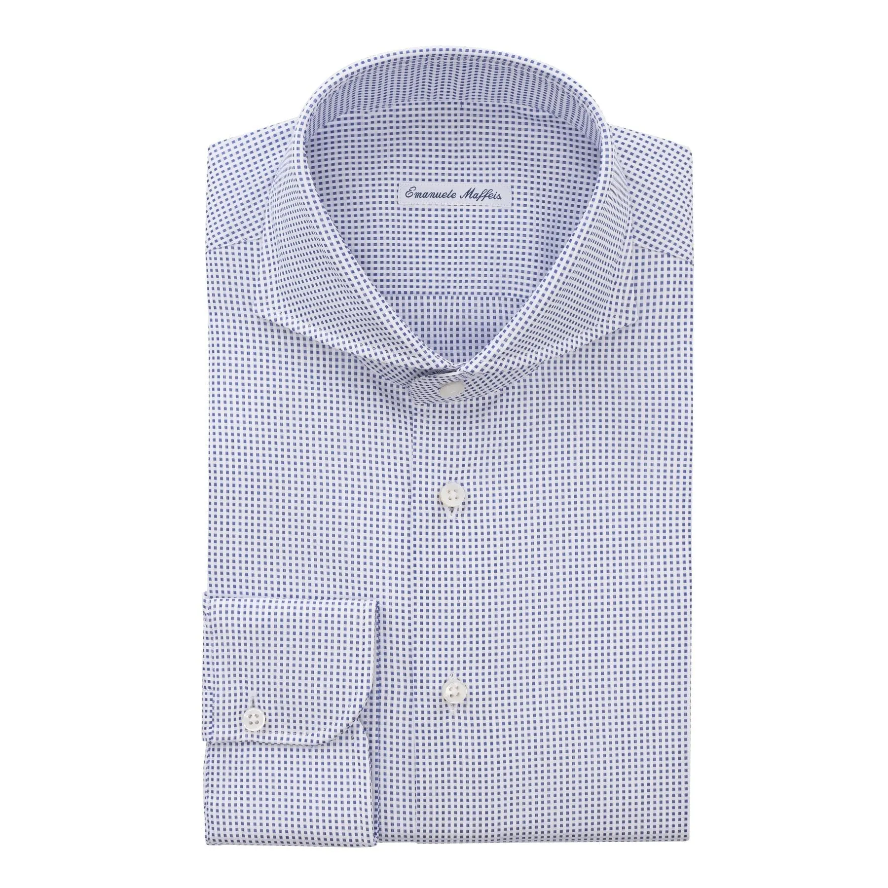 Checked Cotton White and Blue Shirt with Shark Collar