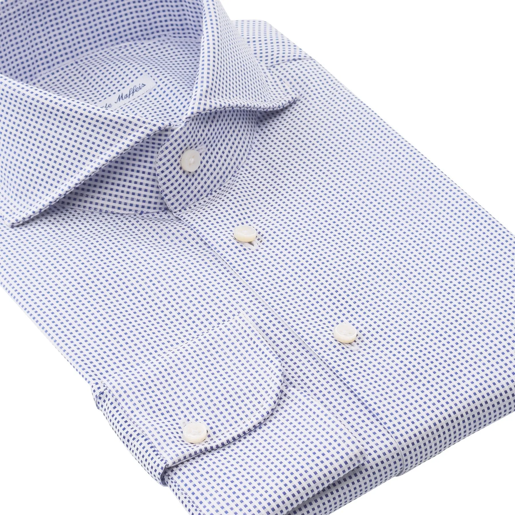 Checked Cotton White and Blue Shirt with Shark Collar