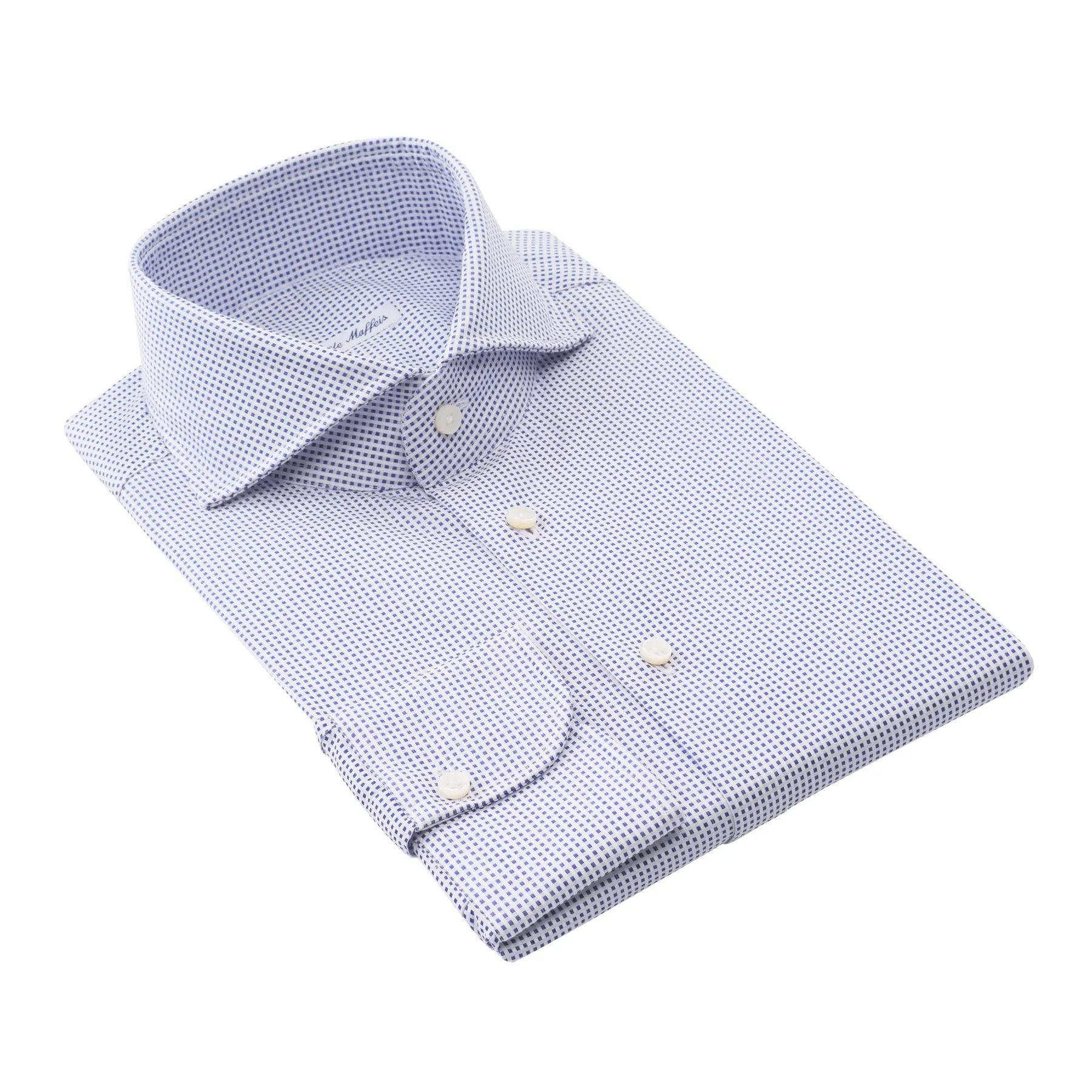 Checked Cotton White and Blue Shirt with Shark Collar