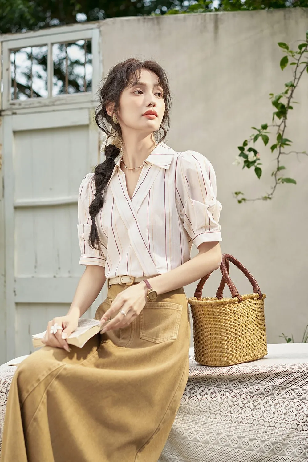 Commuter Puff Sleeve Stripe Shirts for Women