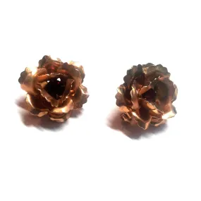 Copper Sculpted Rose Pair of Brooches w/ Red Rhinestones circa 1940s