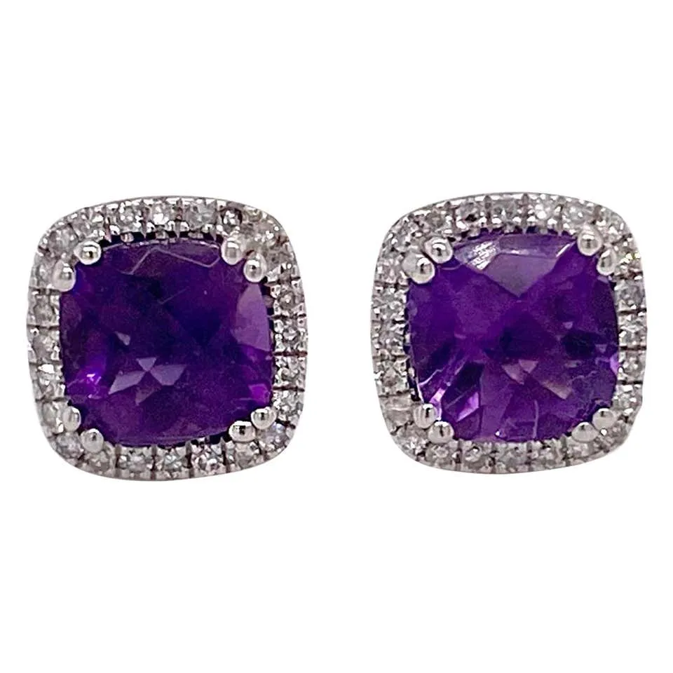 Cushion Amethyst Diamond Halo Stud Earrings