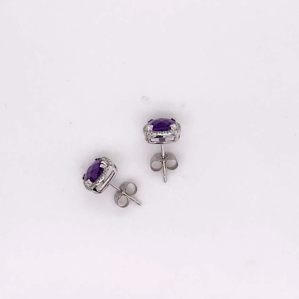 Cushion Amethyst Diamond Halo Stud Earrings