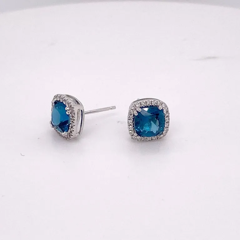 Cushion Blue Topaz Diamond Halo Stud Earrings