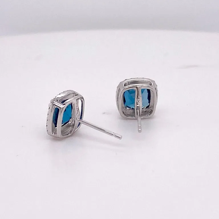 Cushion Blue Topaz Diamond Halo Stud Earrings