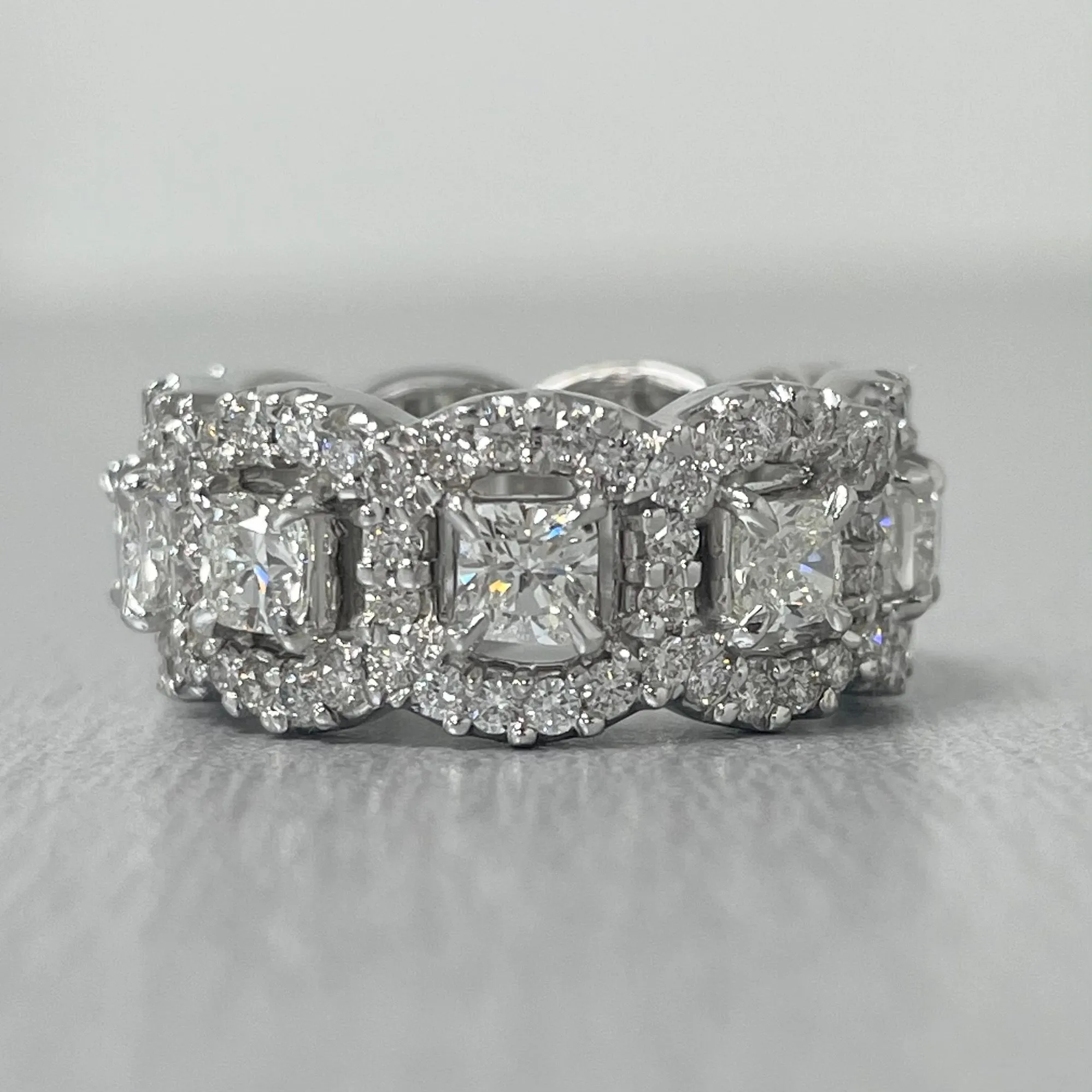 Cushion Cut Halo Eternity Band (3.49 ct Diamonds) in White Gold