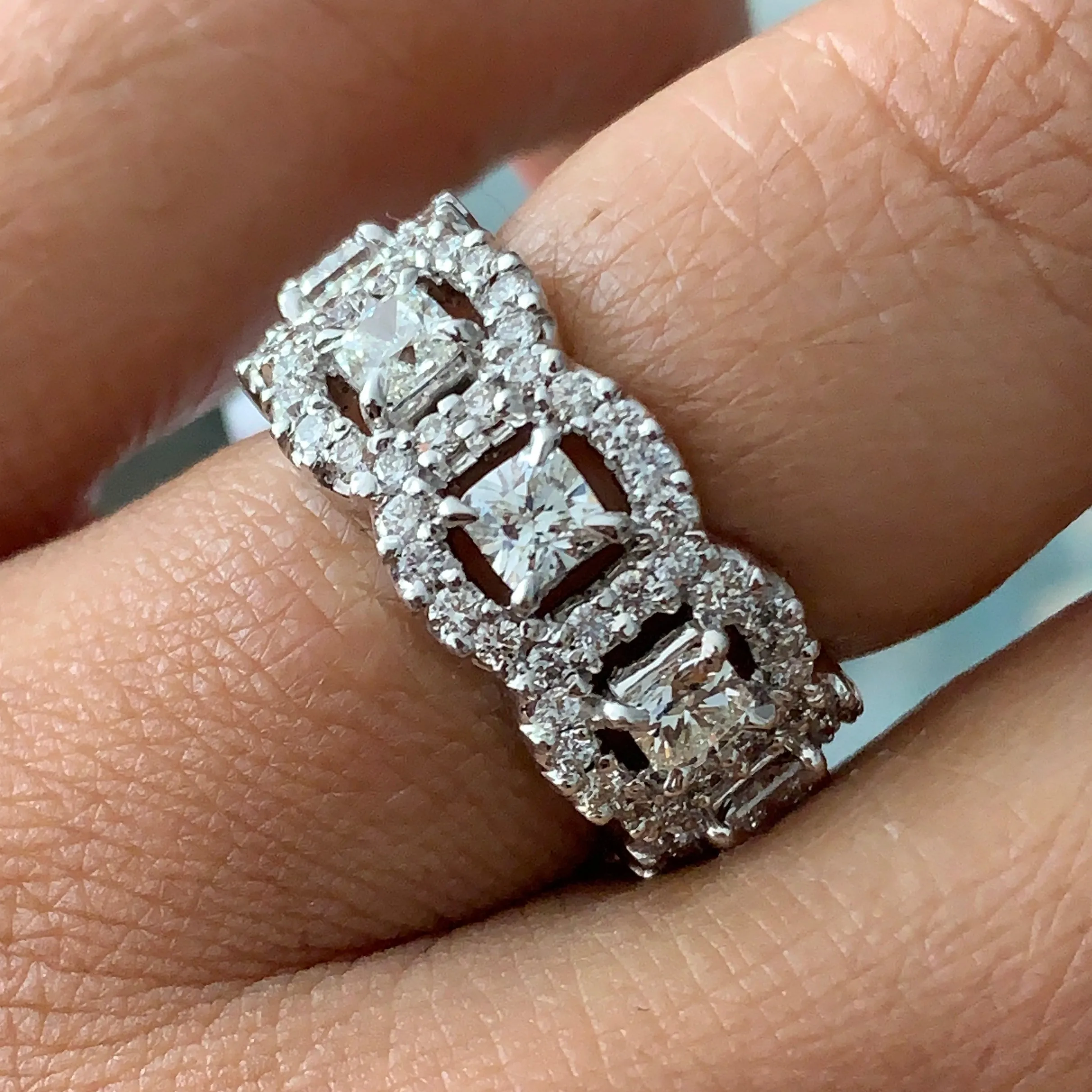 Cushion Cut Halo Eternity Band (3.49 ct Diamonds) in White Gold