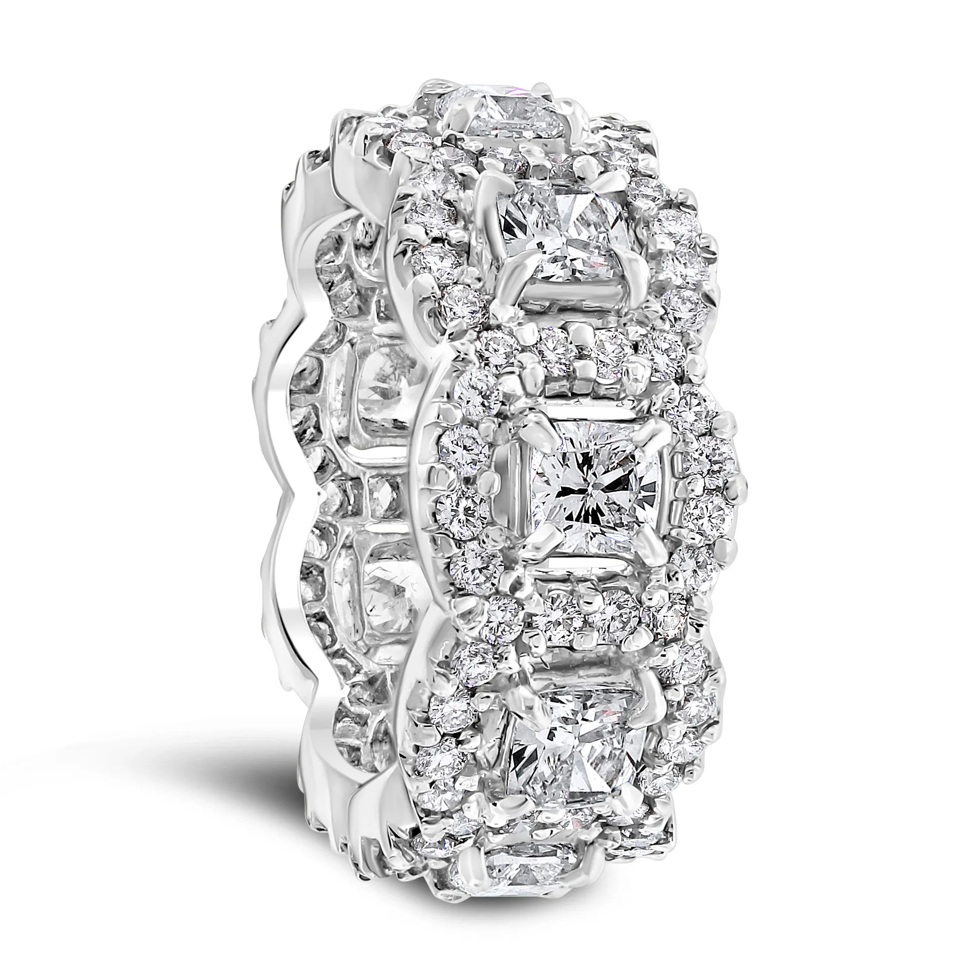 Cushion Cut Halo Eternity Band (3.49 ct Diamonds) in White Gold