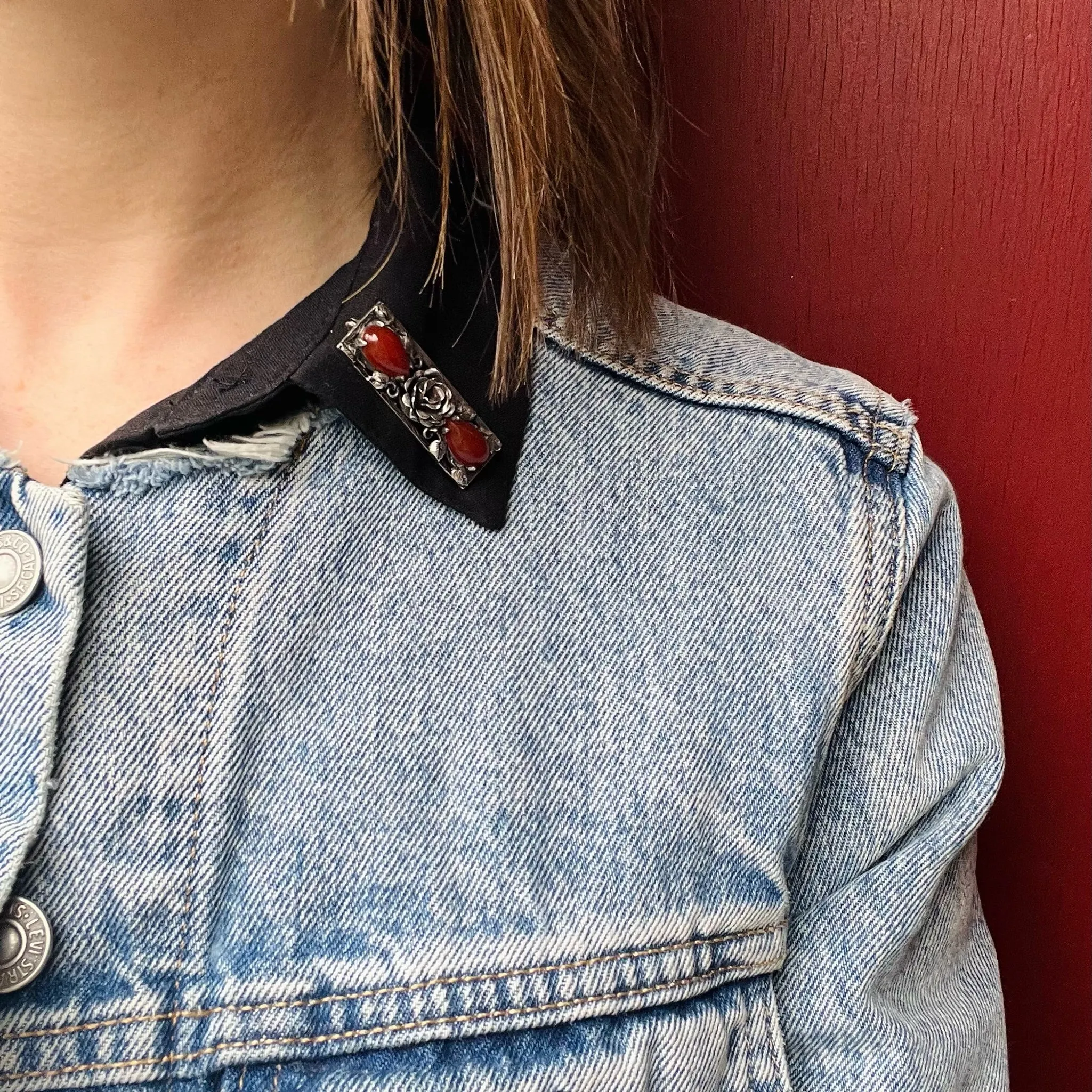 Darkly Romantic Silver Rose & Carnelian Brooch