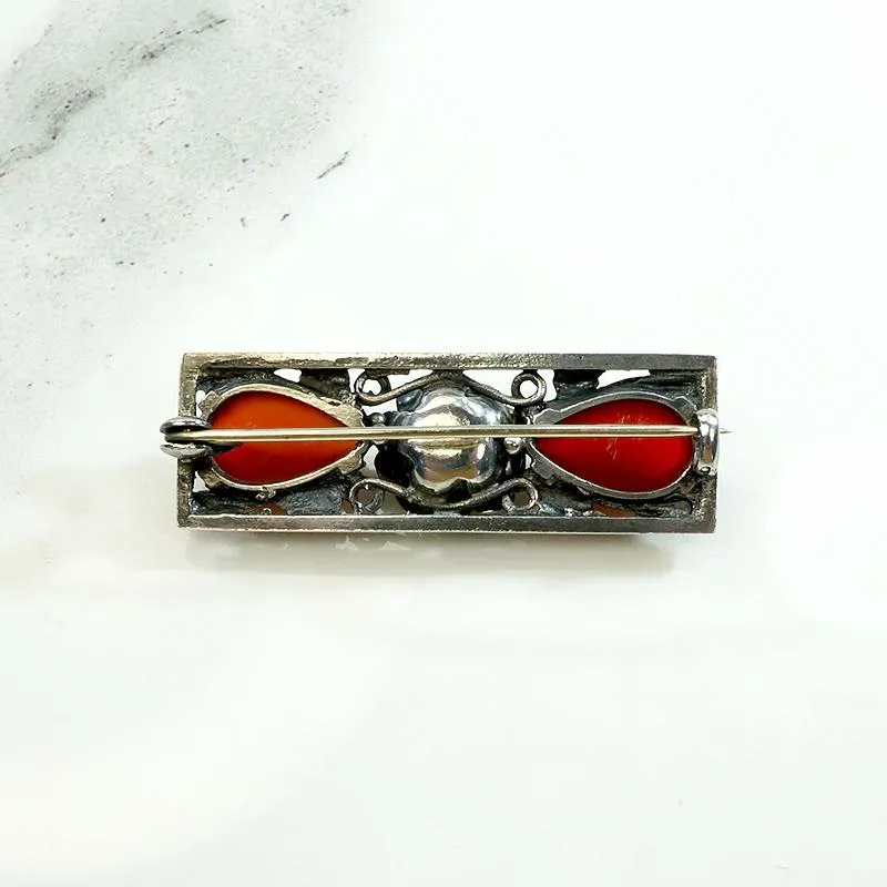 Darkly Romantic Silver Rose & Carnelian Brooch