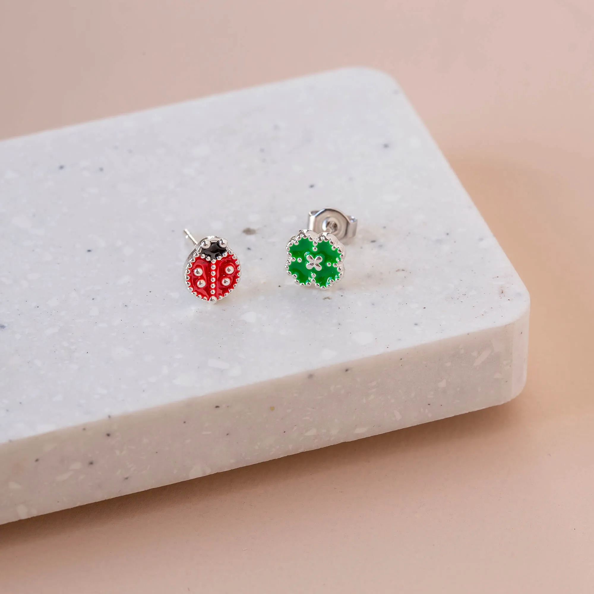 Earring Epoxy Ladybird and Clover Silver *