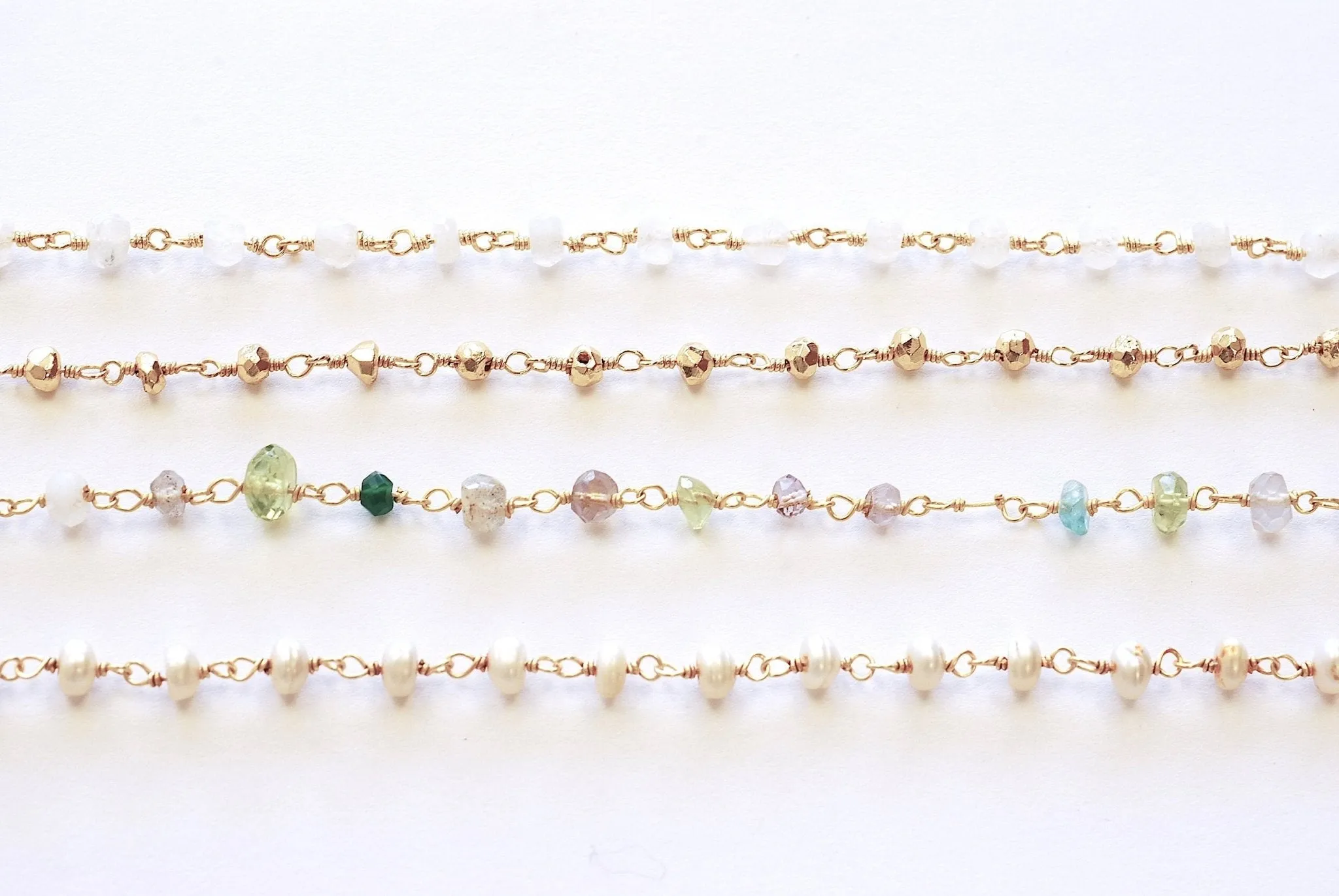 Gemstone Chain - Sterling Silver Gold Plated Chain Gemstone Freshwater Pearl Pyrite Disco White Tourmaline Beaded Wire Vermeil Chain