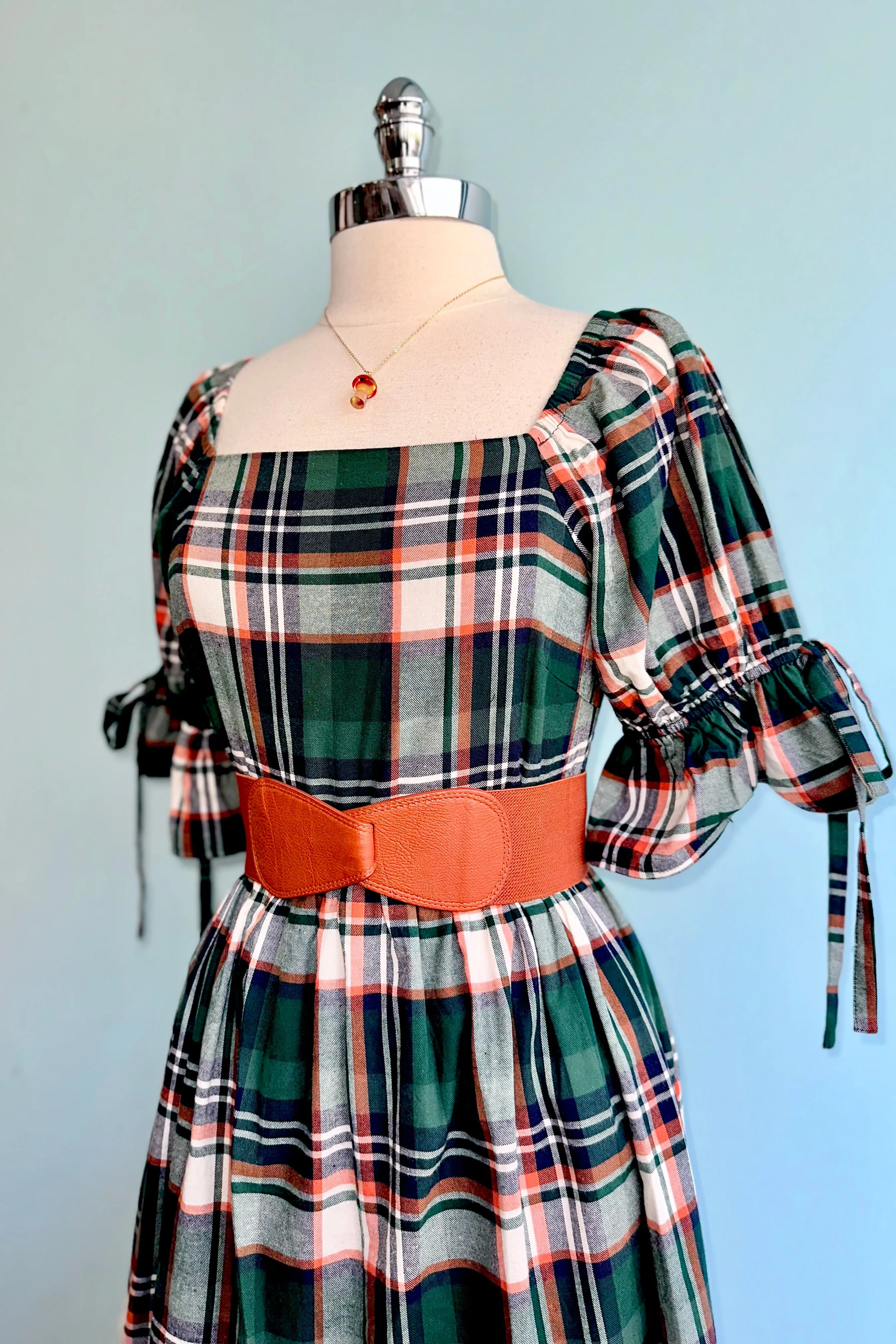 Green Plaid Square Neck Midi Dress