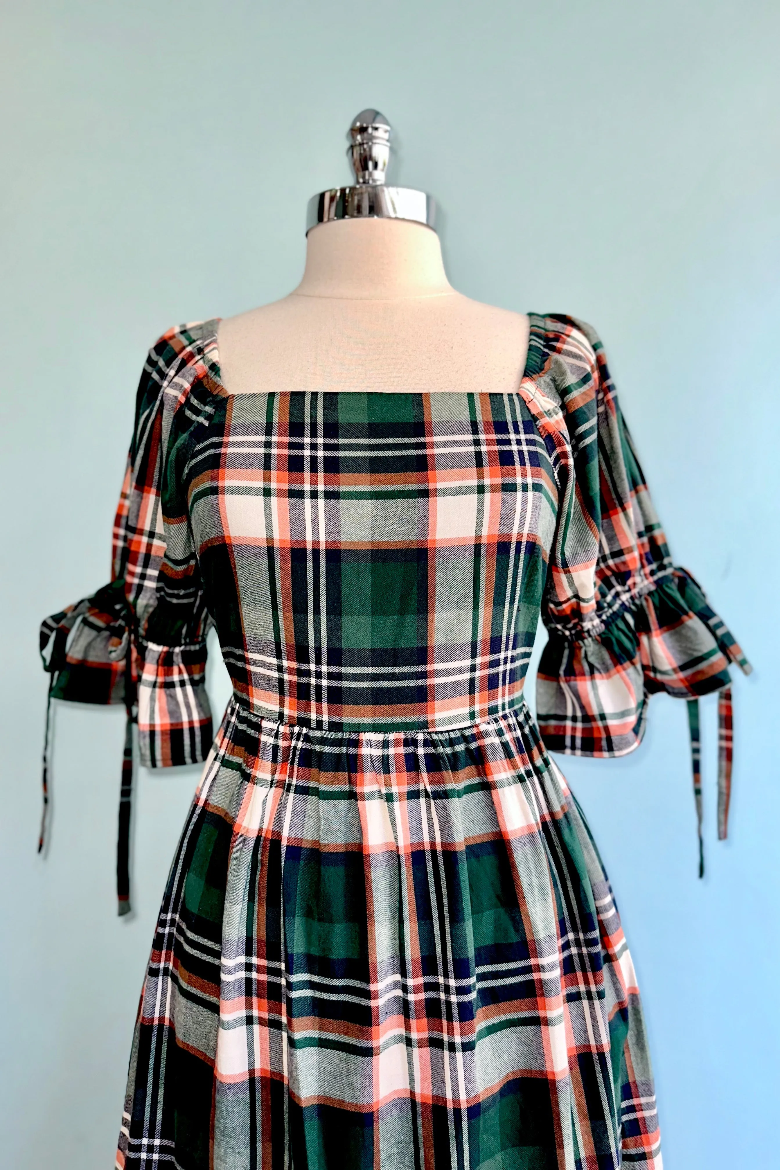 Green Plaid Square Neck Midi Dress