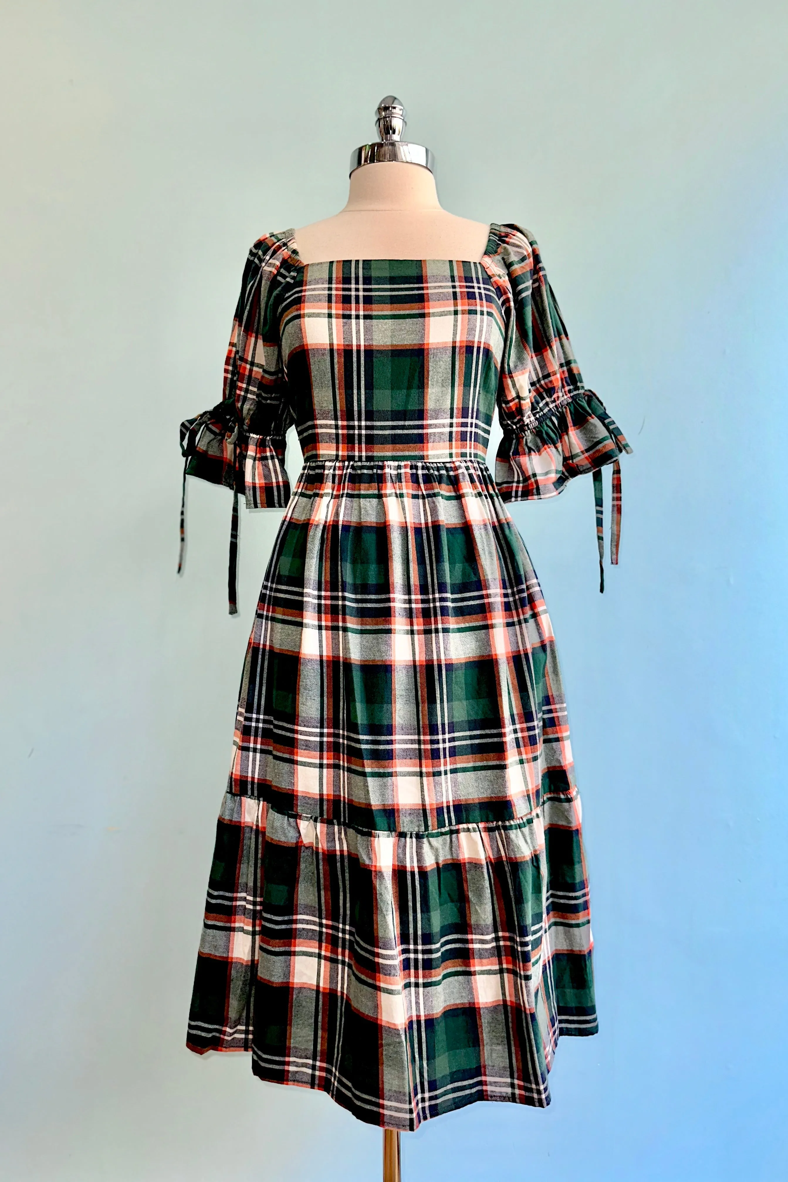 Green Plaid Square Neck Midi Dress