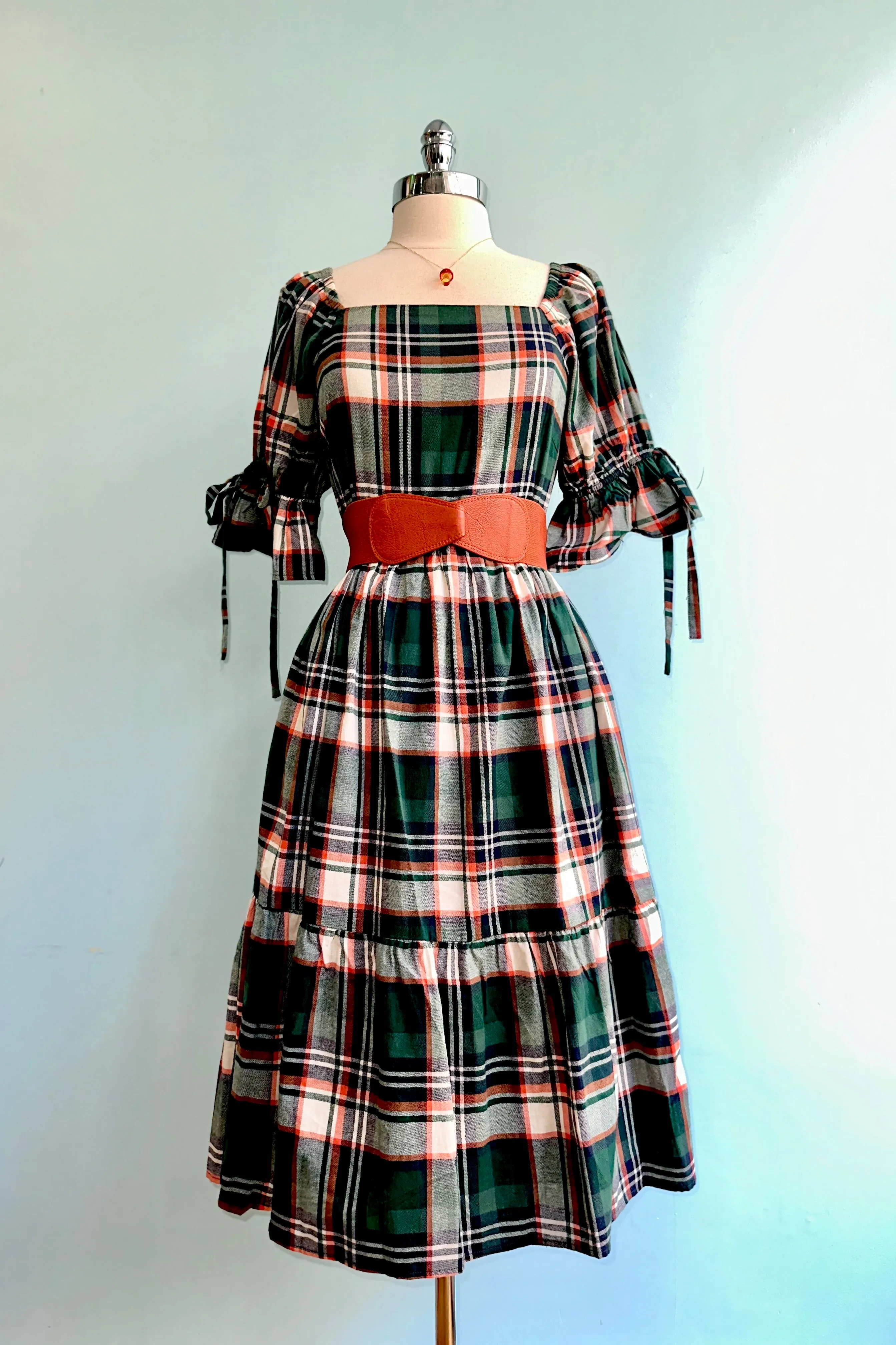 Green Plaid Square Neck Midi Dress