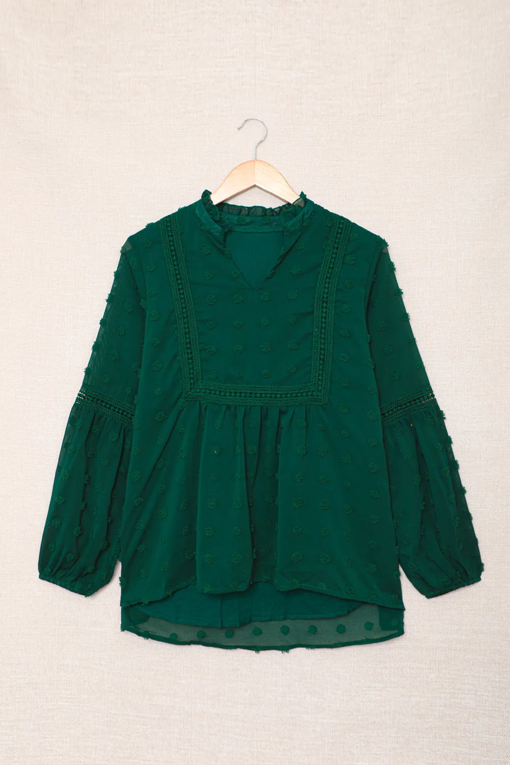 Green Ruffled Split Neck Lace Hollow Out Puff Sleeve Polka Dot Blouse