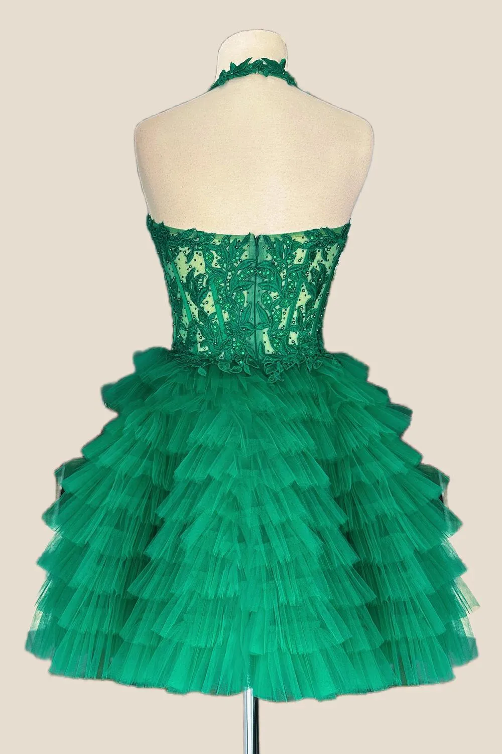 Halter Green Ruffle Short Dress with Appliques