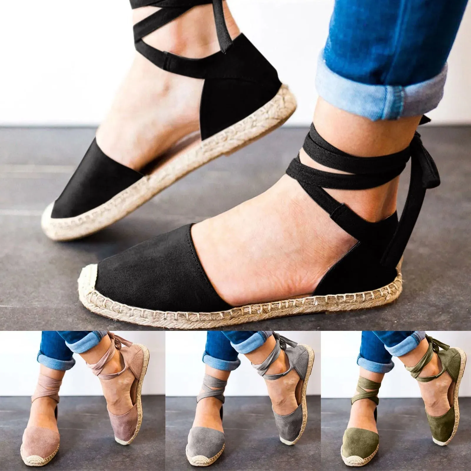 Handmade Linen Sandals Women Espadrilles Ankle Wrap Comfort Bohemian Ladies Summer Shoes Lace Up Flats Sandals Zapatos Mujer